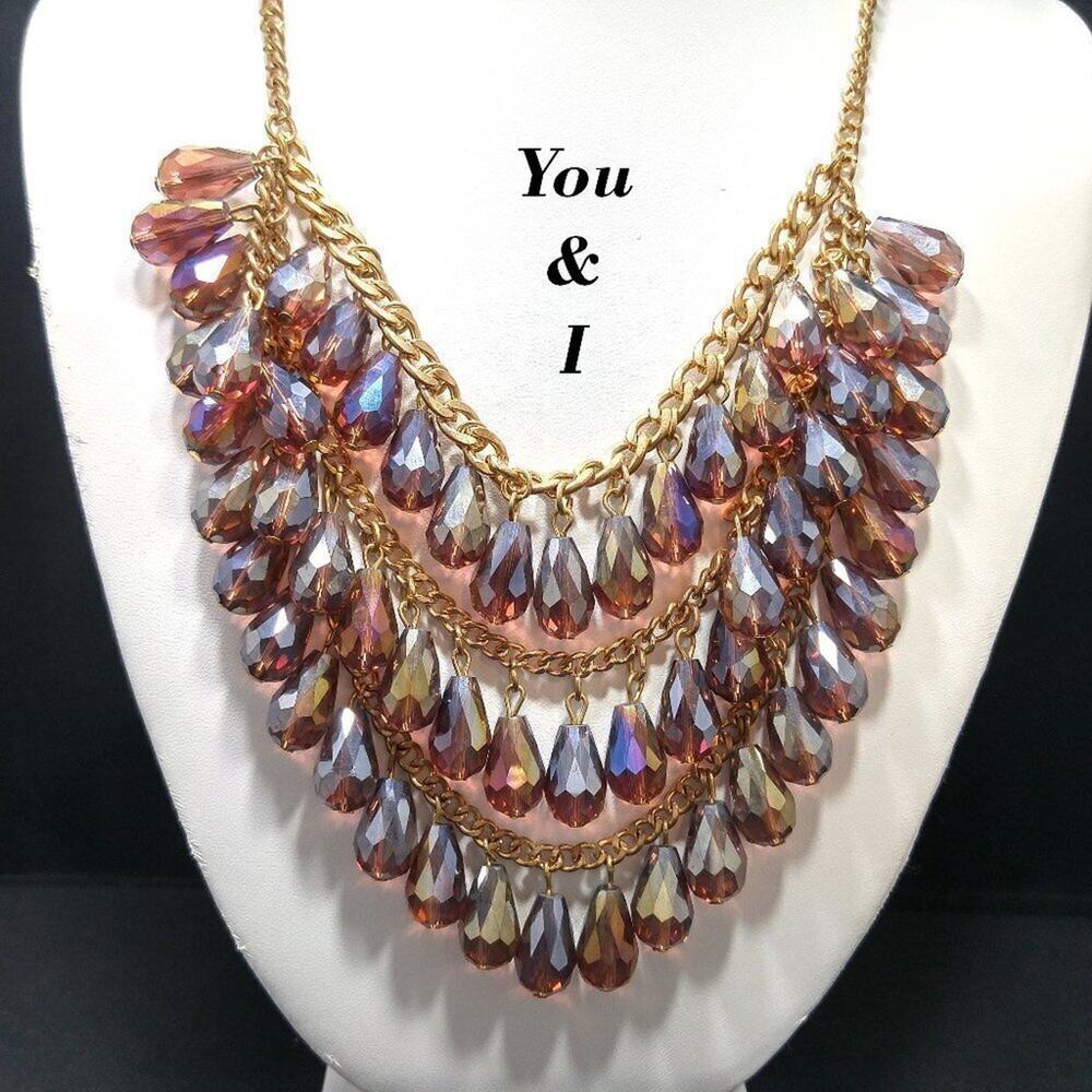 You and I Purple Crystal Dangle Necklace, 3 Strands, Aurora Borealis Beads, 21"